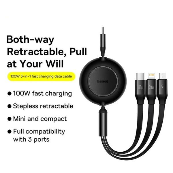 Retractable 100W 3 in 1 Fast USB Cable | TYPE C , Micro , Apple